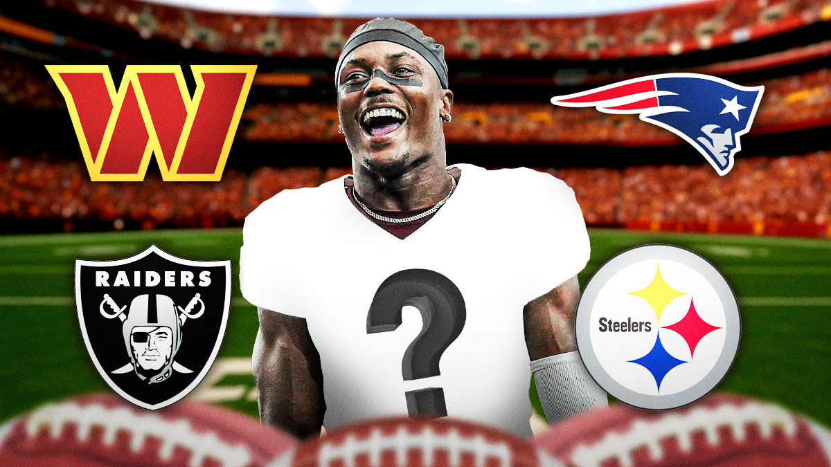Washington Commanders wide receiver Terry McLaurin with a blank jersey that has a big question mark inside. He is surrounded by logos for the Washington Commanders, New England Patriots, Las Vegas Raiders, and Pittsburgh Steelers.