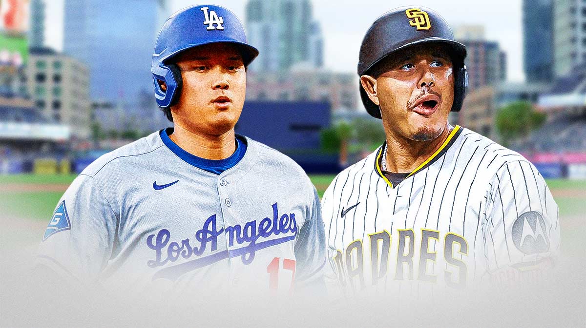 IMAGE: Los Angeles Dodgers two-way player Shohei Ohtani on left side, San Diego Padres third baseman Manny Machado on right side, Petco Park (home field of the San Diego Padres) in background
