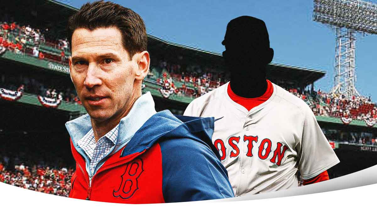 MAGE: Boston Red Sox chief baseball officer Craig Breslow in center, Boston Red Sox, blank player silhouettes with question marks on right and left sides, Fenway Park (home field of the Boston Red Sox) in background
