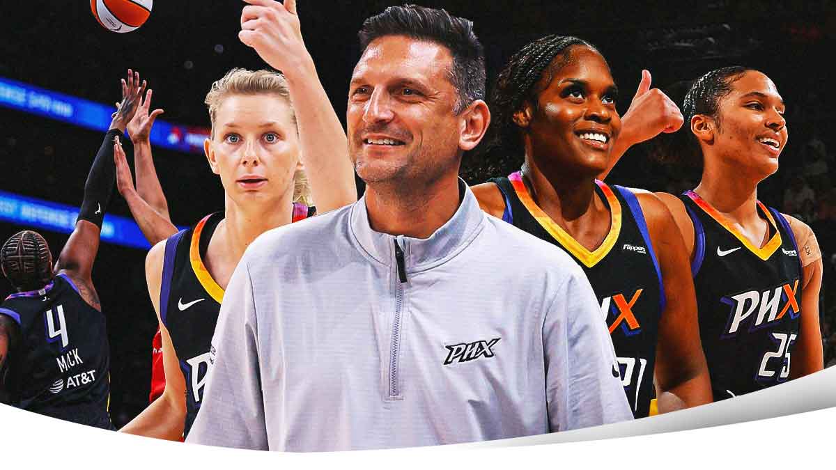 Phoenix Mercury head coach Nate Tibbetts smiling with Kalani Brown and Lexi Held smiling. Also, Natasha Mack is blocking a shot, and Alyssa Thomas looking excited.