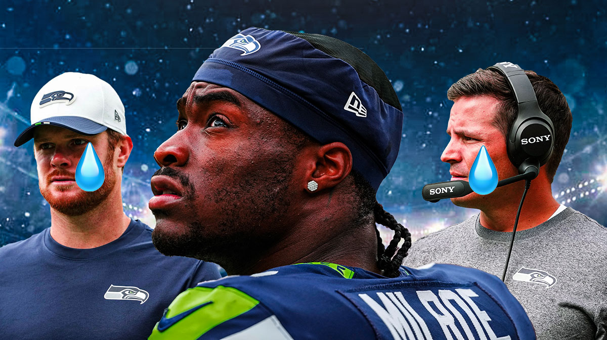 Jalen Milroe in middle, Sam Darnold and Coach Mike MacDonald around him with 💧 emojis, Seattle Seahawks logo in the background