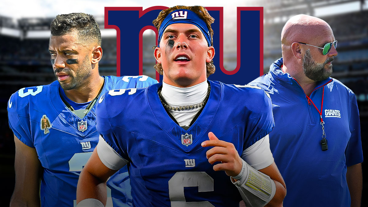 Jaxson Dart, Coach Brian Daboll and Russell Wilson around him, New York Giants logo in the background