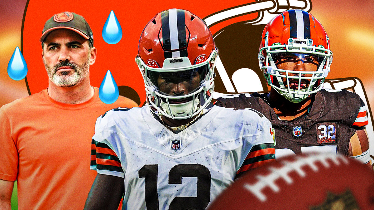 Shedeur Sanders in middle, Myles Garrett and Coach Kevin Stefanski around him with 💧 emojis, Cleveland Browns logo in the background