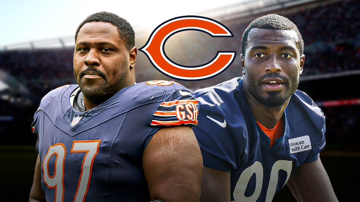 Bears WR Miles Boykin and Bears DT Andrew Billings. Chicago Bears logo in background