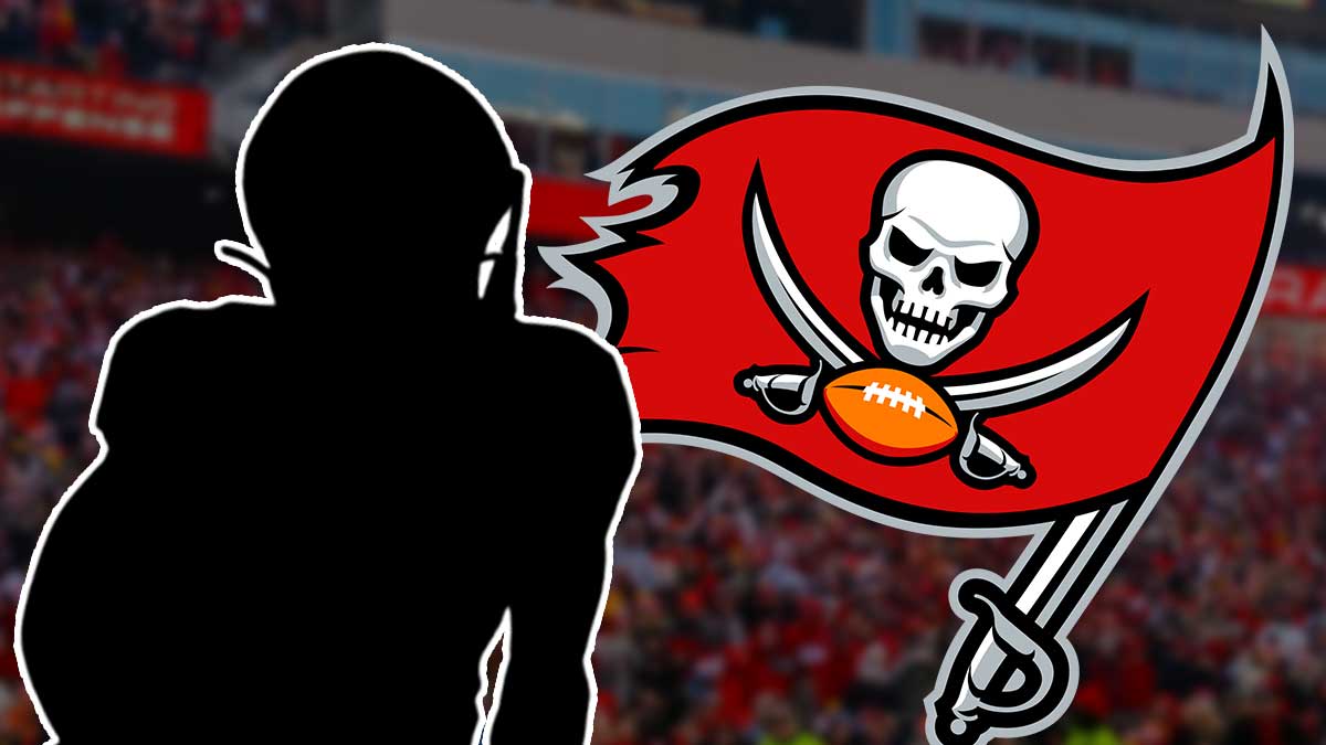 IMAGE: Tampa Bay Buccaneers logo in center, blank player silhouettes with question marks on left and right sides, Raymond James Stadium (home stadium of the Tampa Bay Buccaneers) in background