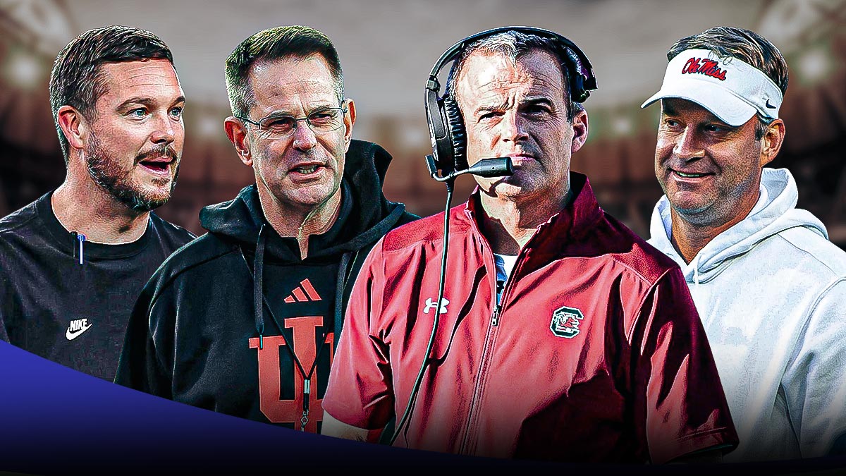 AP Poll, AP Top 25, Michigan, Oregon, Indiana, Dan Lanning, Lane Kiffin, Curt Cignetti and Shane Beamer in respective team's gear, football background