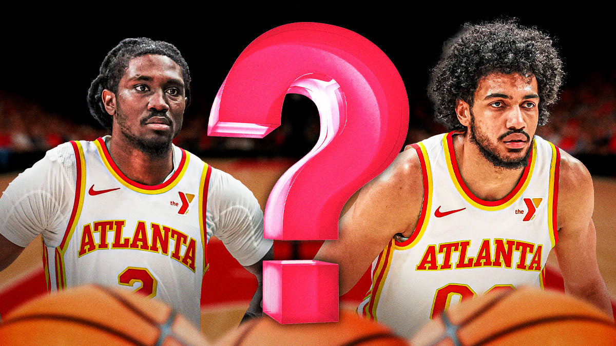 Jacob Toppin and Keaton Wallace in Hawks jersey with a single question mark in the middle.