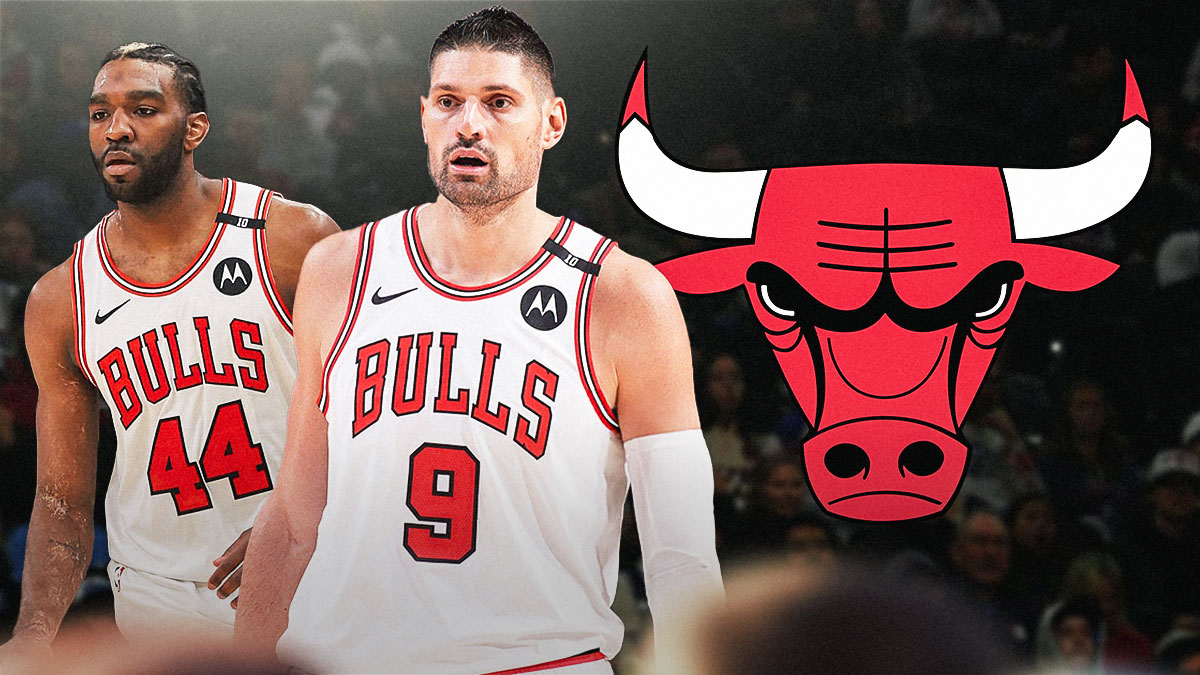 Nikola Vucevic, Patrick Williams beside each other, Chicago Bulls logo in the background