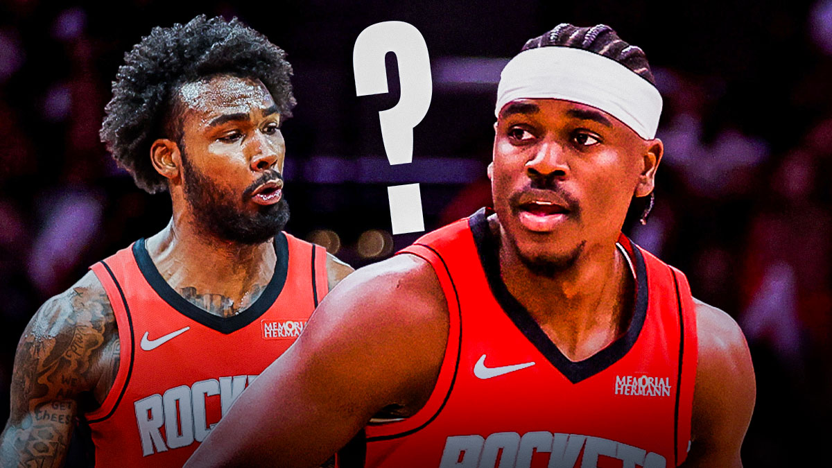 Tari Eason and Aaron Holiday in Rockets jersey with a single question mark.