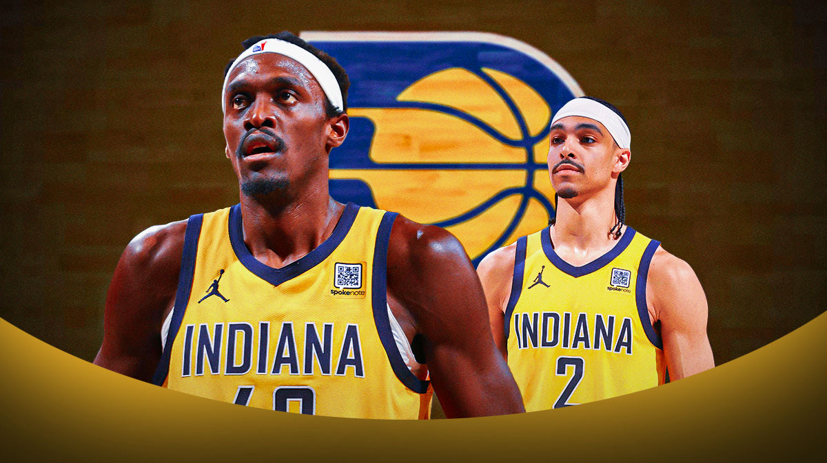 Pascal Siakam, Andrew Nembhard beside each other, Indiana Pacers logo in the background