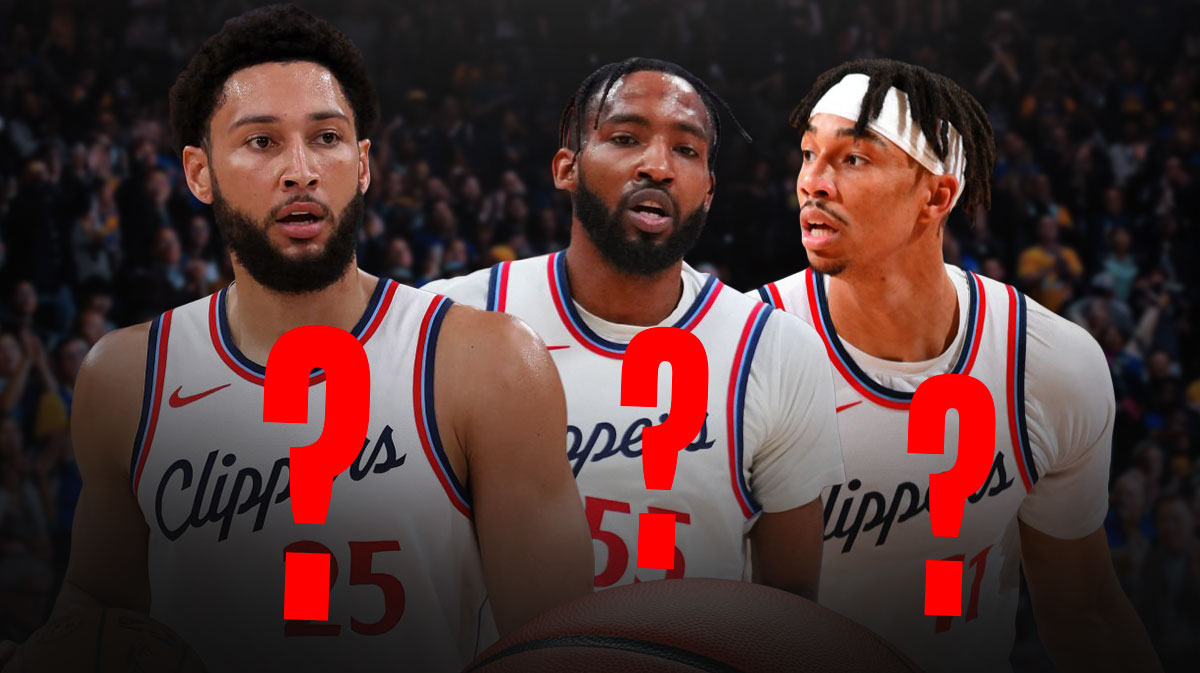 Ben Simmons, Derrick Jones Jr., and Jordan Miller in the Clippers jersey with a single question mark.