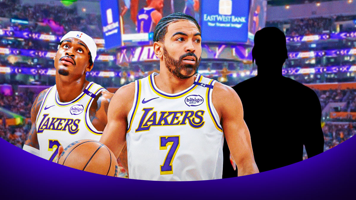 Lakers guard Gabe Vincent, Lakers forward Jarred Vanderbilt and mystery image