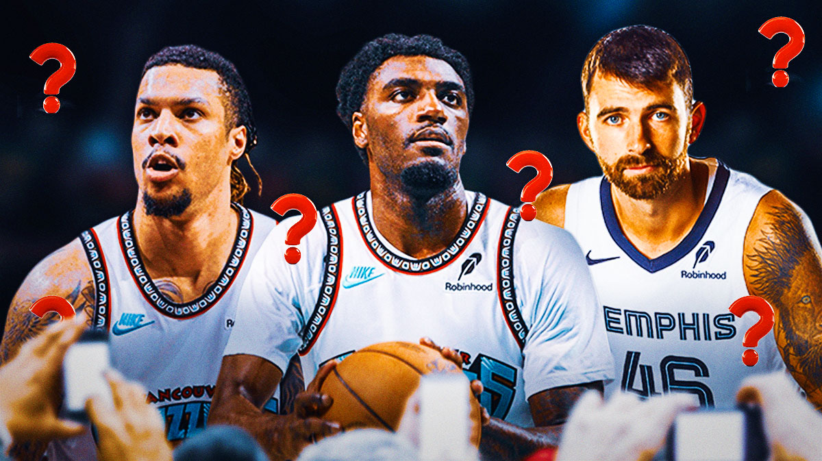 Brandon Clarke, Vince Williams Jr., and John Konchar in the Grizzlies jersey with a question mark.