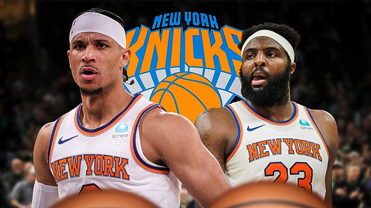 Josh Hart, Mitchell Robinson beside each other, New York Knicks logo in the background
