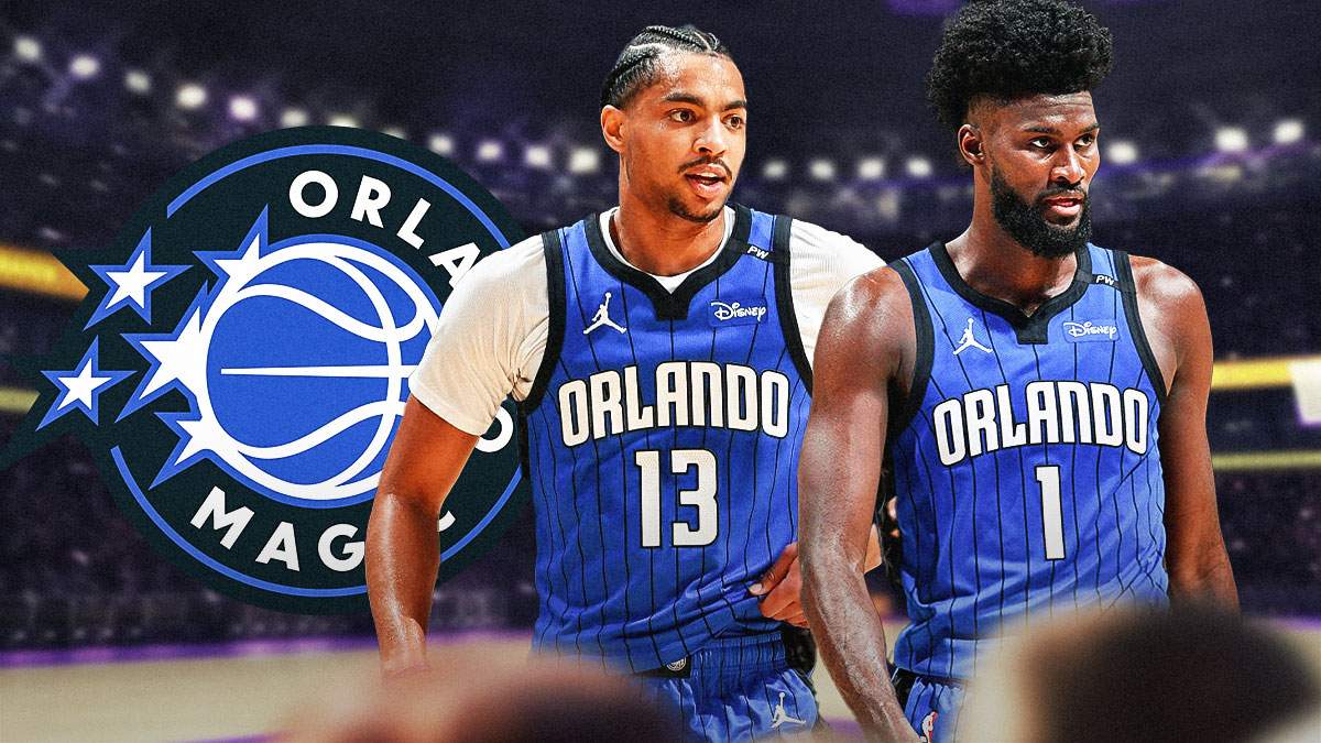 Jonathan Isaac, Jett Howard beside each other, Orlando Magic logo in the background