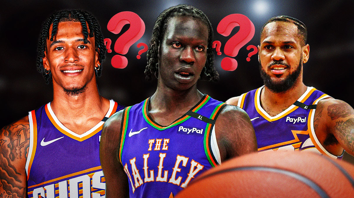 Bol Bol, Jalen Bridges, and Monte Morris in Suns jersey with a big question mark.