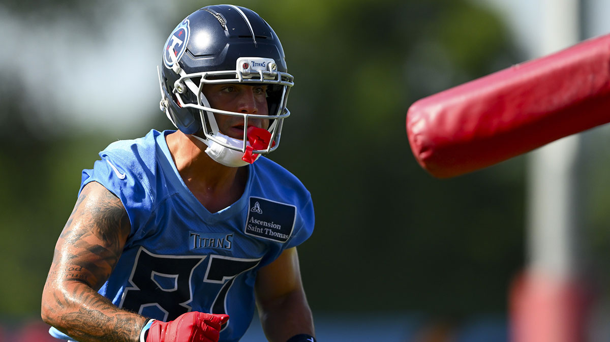 Tennessee Titans wide receiver Xavier Restrepo (87) goes through drills during training camp at Ascension Saint Thomas Sports Park.