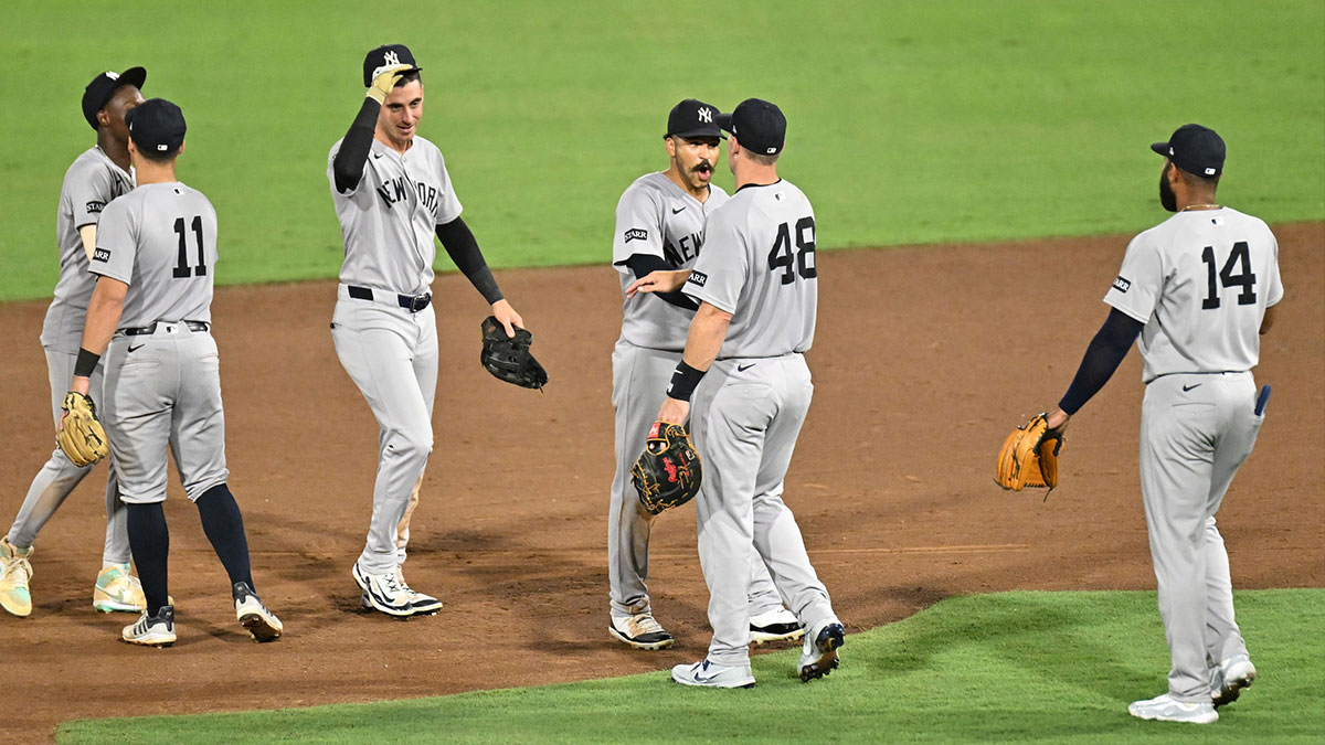 Members of the New York Yankees celebrate after getting the last out against the Tampa Bay Rays at George M. Steinbrenner Field.