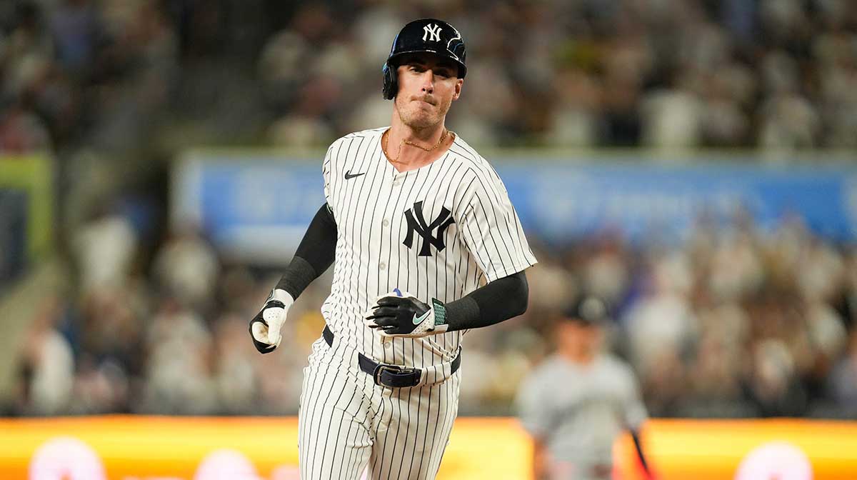 New York Yankees left fielder Cody Bellinger (35) rounds the bases after hitting a home run in a game against the Minnesota Twins at Yankee Stadium, Aug 13, 2025, Bronx, New York, USA. MLB Network’s Sean Casey and Mark DeRosa break down the secrets behind Yankees outfielder Cody Bellinger’s stellar season.