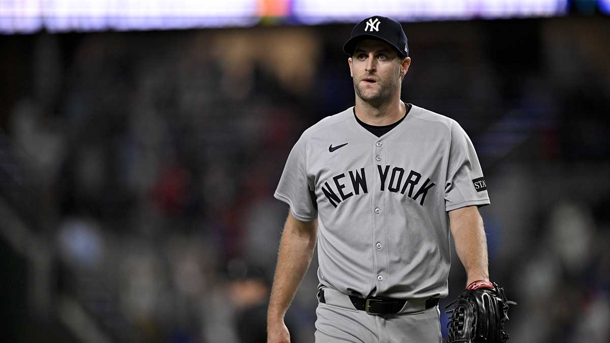 New York Yankees relief pitcher Jake Bird (59) walks off the field after he gives up the game-winning home run to Texas Rangers designated hitter Josh Jung (not pictured) during the tenth inning at Globe Life Field.