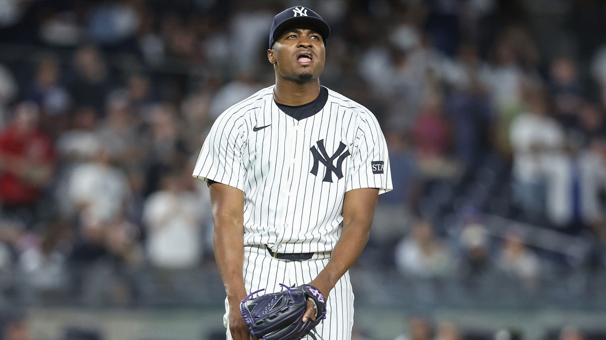New York Yankees relief pitcher Yerry De los Santos (73) reacts after walking a batter with the bases loaded in the ninth inning against the Washington Nationals at Yankee Stadium.