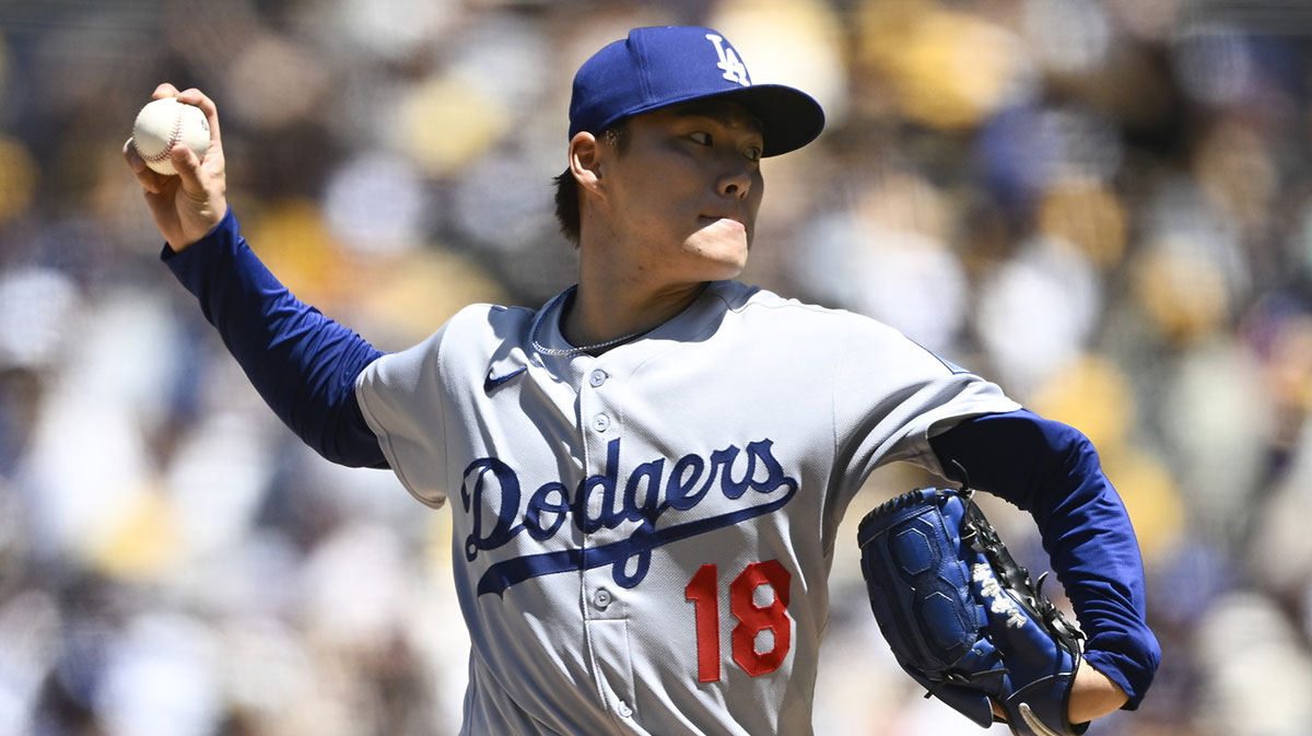 Los Angeles Dodgers starting pitcher Yoshinobu Yamamoto (18) delivers during the first inning against the San Diego Padres at Petco Park.