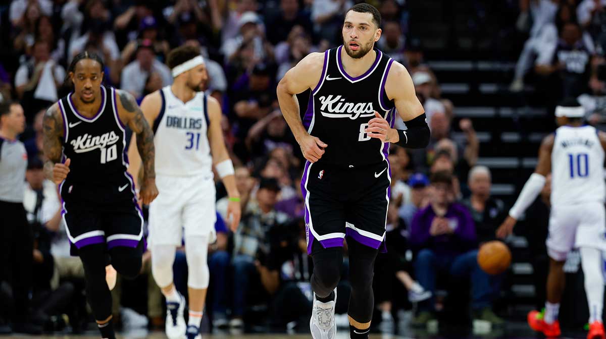 Sacramento Kings guard Zach LaVine (8) reacts after scoring a basket during the second quarter against the Dallas Mavericks at Golden 1 Center.