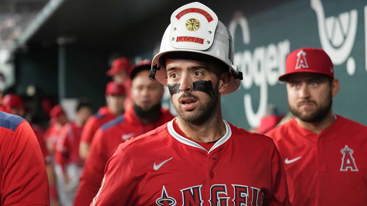 Los Angeles Angels shortstop Zach Neto (9) celebrates his solo home run with teammates in the dugout against the Texas Rangers during the first inning at Globe Life Field.