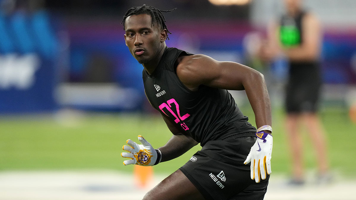 LSU defensive back Zy Alexander (DB02) participates in drills during the 2025 NFL Combine at Lucas Oil Stadium.