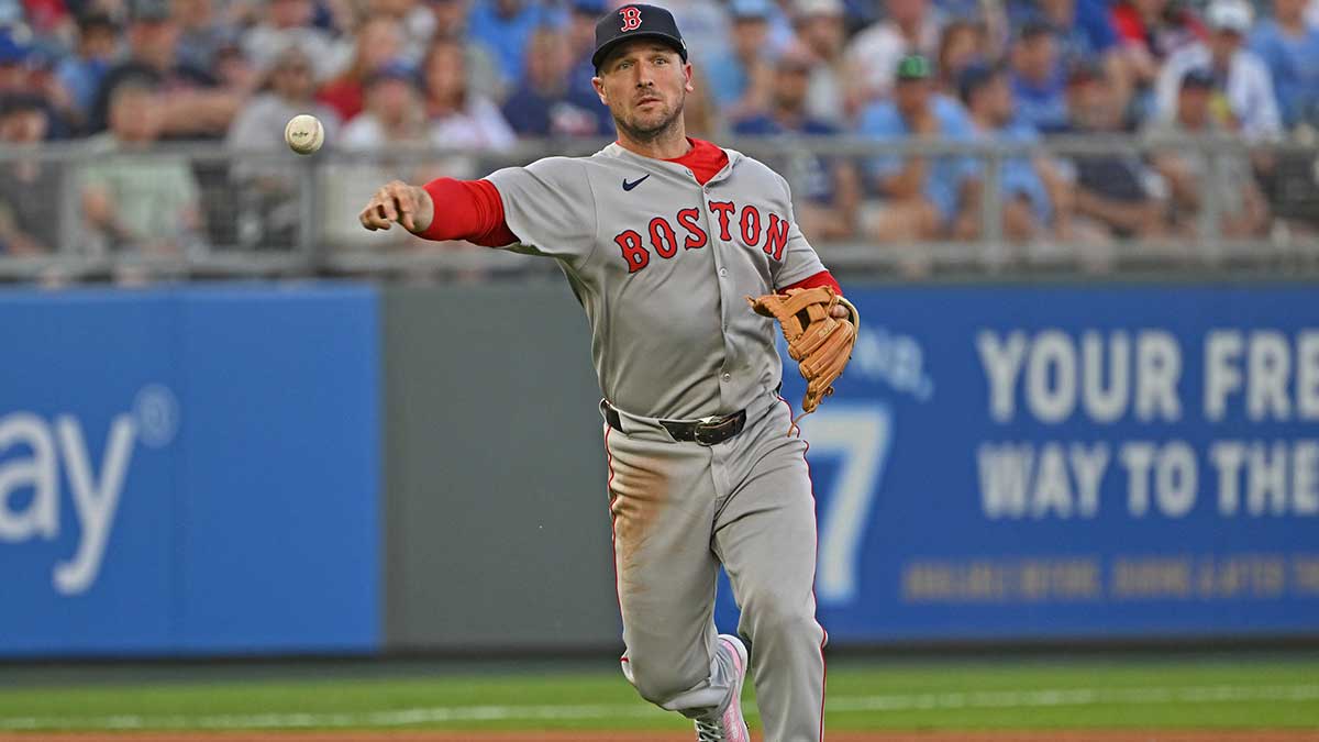 Boston Red Sox third baseman Alex Bregman (2) throws to first base in the fourth inning against the Kansas City Royals at Kauffman Stadium.