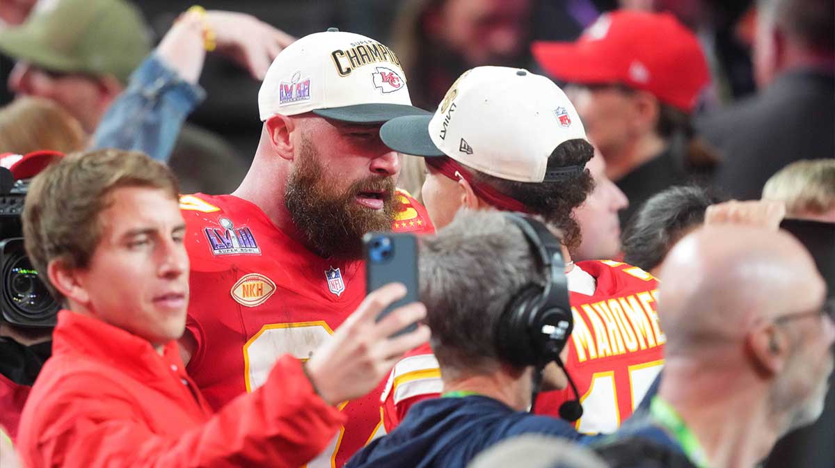 Kansas City Chiefs tight end Travis Kelce (87) celebrates the win with quarterback Patrick Mahomes (15) over the San Francisco 49ers in overtime of Super Bowl LVIII at Allegiant Stadium. Mandatory Credit: Joe Camporeale-Imagn Images