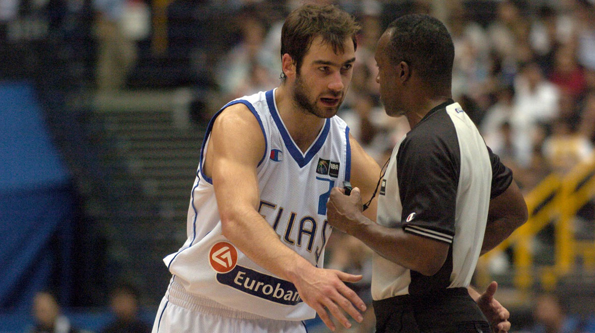 Greece guard (7) Vassilis Spanoulis appeals to the referee in the game against Spain in the second half of the final round of the FIBA World Championship at the Saitama Super Arena in Saitama City, Japan.