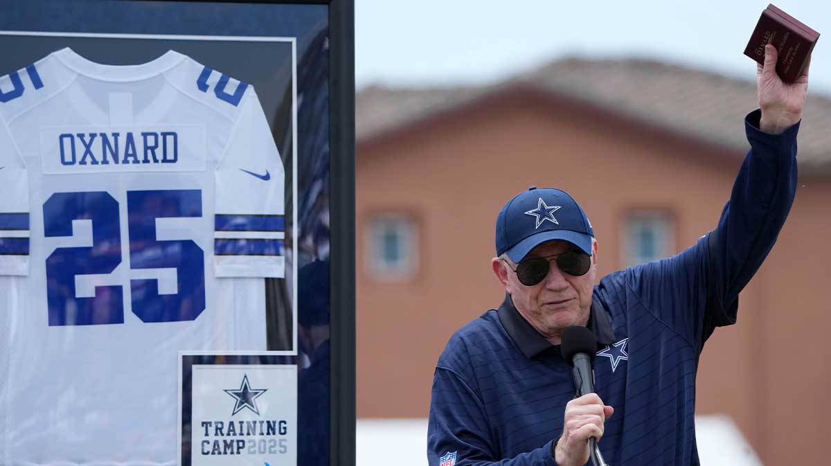 Dallas Cowboys owner Jerry Jones speaks at training camp opening ceremonies at the River Ridge Fields.