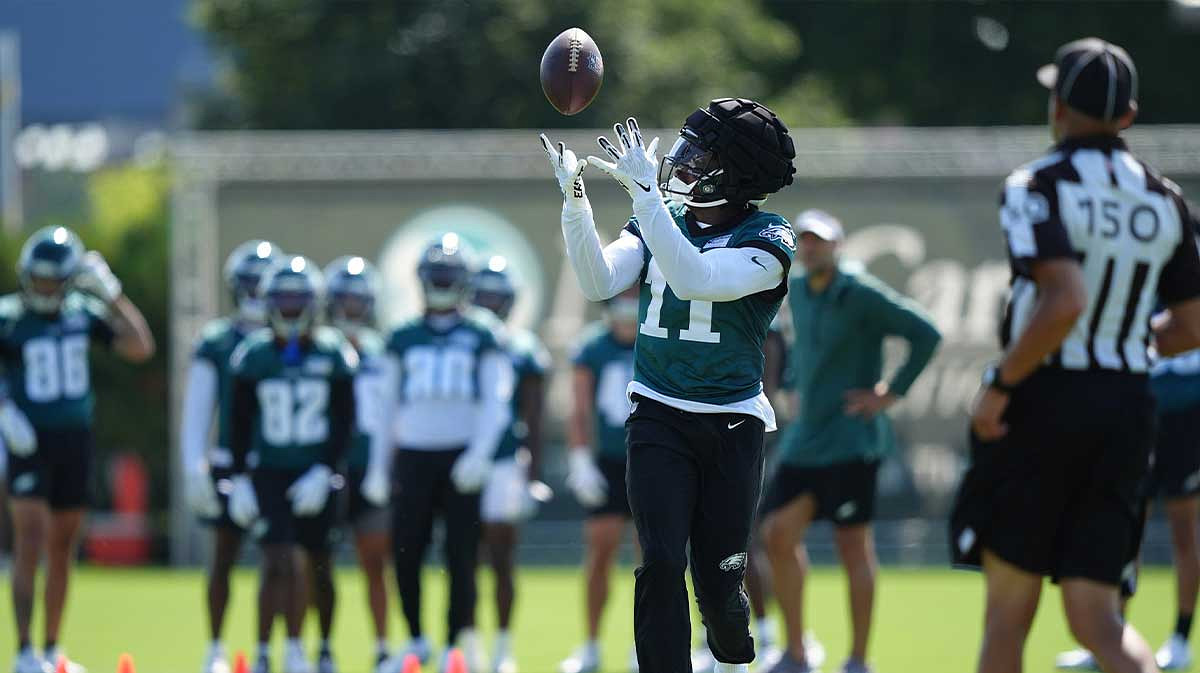 Philadelphia Eagles wide receiver A.J. Brown (11) runs a practice drill during training camp at NovaCare Complex.