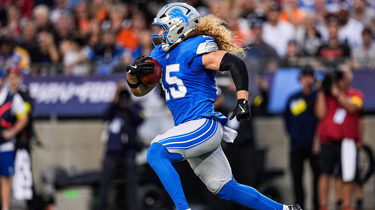 Detroit Lions kick return Grant Stuard returns a kickoff against the LA Chargers during the first half of the Hall of Fame Game at Tom Benson Hall of Fame Stadium in Canton, Ohio on Thursday, July 31, 2025.