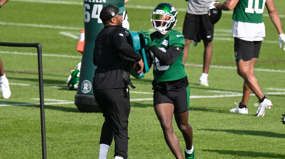 New York Jets wide receiver Tyler Johnson (16) participates in a drill during training camp at Atlantic Health Jets Training Center.