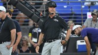 Baltimore Ravens head coach John Harbaugh looks on from the sidelines during the first quarter against the Indianapolis Colts at M&T Bank Stadium.