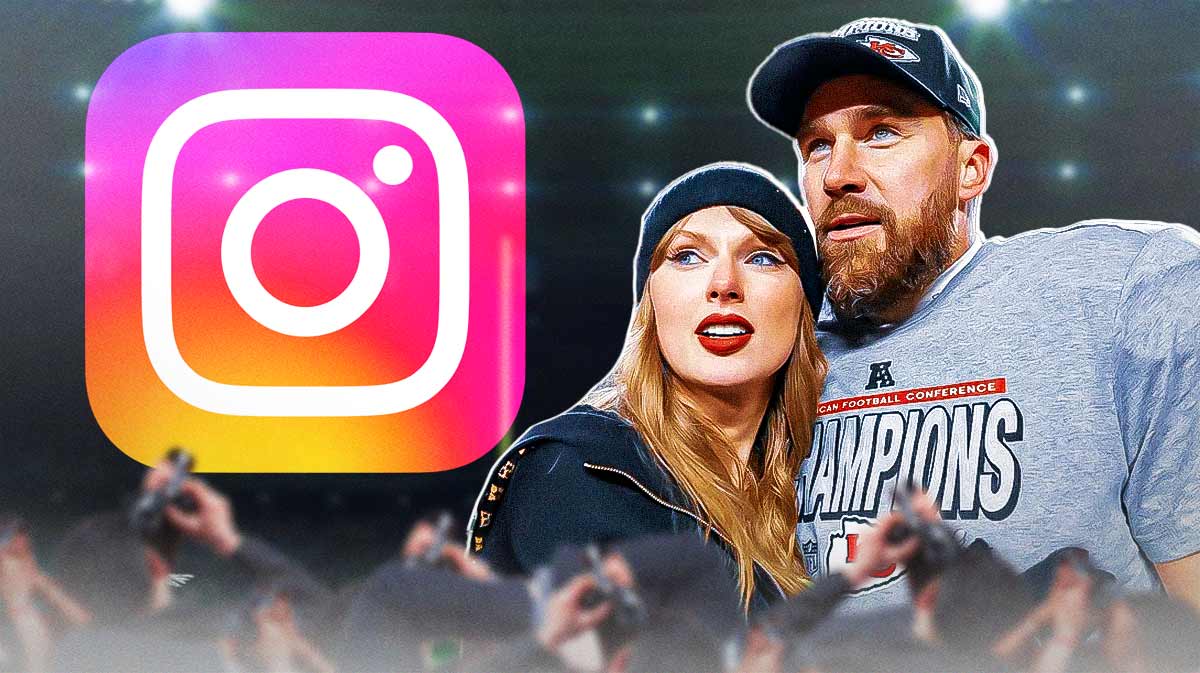 Instagram logo next to Taylor Swift and Travis Kelce, who affected the social media platform with their engagement post.