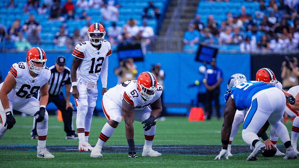 Cleveland Browns quarterback Shedeur Sanders (12) lines up against the Carolina Panthers during the first quarter at Bank of America Stadium.