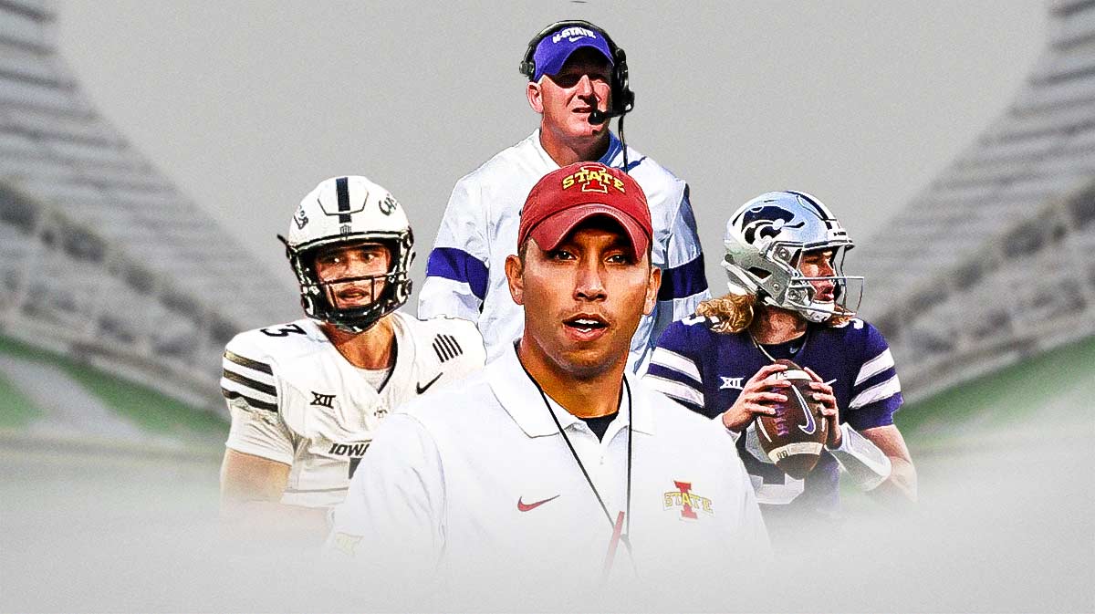 Iowa State coach Matt Campbell with Rocco Becht and Kansas State QB Avery Johnson.
