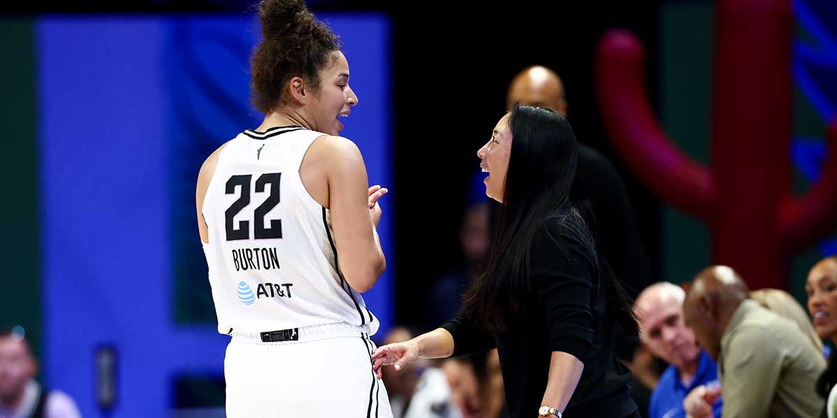 Golden State Valkyries coach Natalie Nakase celebrates after the game against the LA Sparks at Crypto.com Arena.