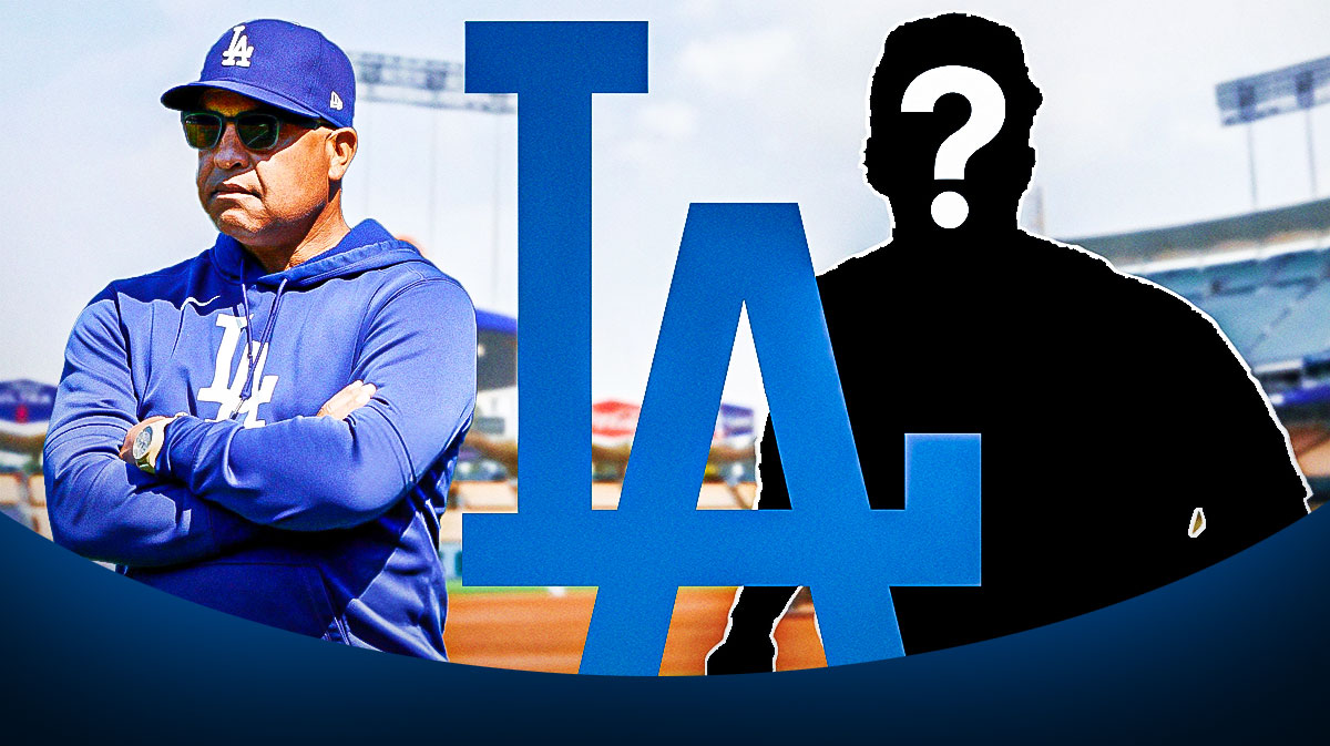 IMAGE: Blank player silhouette with question marks on the right side, Los Angeles Dodgers logo in the center, Los Angeles Dodgers manager Dave Roberts on the left side, Dodger Stadium (home stadium of the Los Angeles Dodgers) in the background