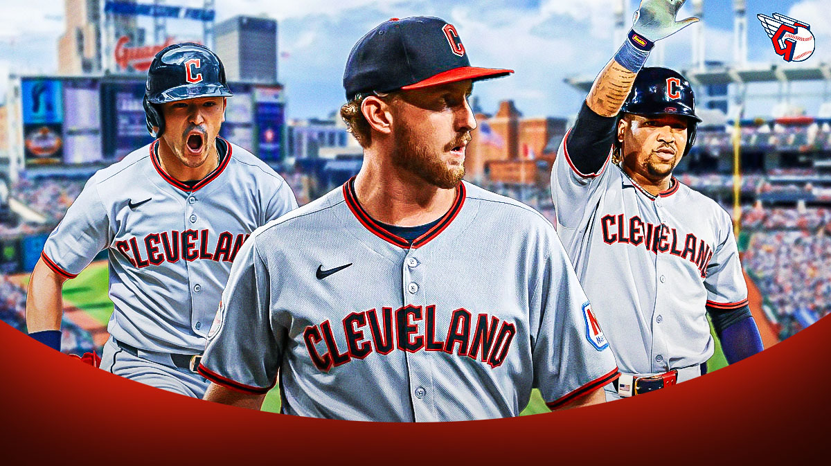 Guardians Tanner Bibee pitching a baseball in the middle. Guardians Jose Ramirez swinging a baseball bat on right, Guardians Steven Kwan swinging a baseball bat on left. Cleveland Guardians 2025 logo in background.