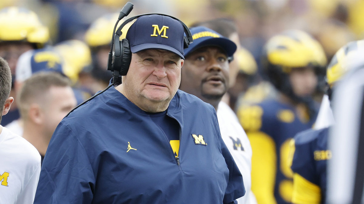 Michigan Wolverines assistant head coach Biff Poggi on the sideline in the first half against the Central Michigan Chippewas at Michigan Stadium.