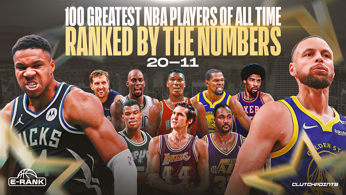 Stephen Curry, Giannis Antetokounmpo, Kevin Durant, Jerry West, Julius Erving, Karl Malone, David Robinson, Kevin Garnett, Dirk Nowitzki, Hakeem Olajuwon for greatest 100 players of all time ranking