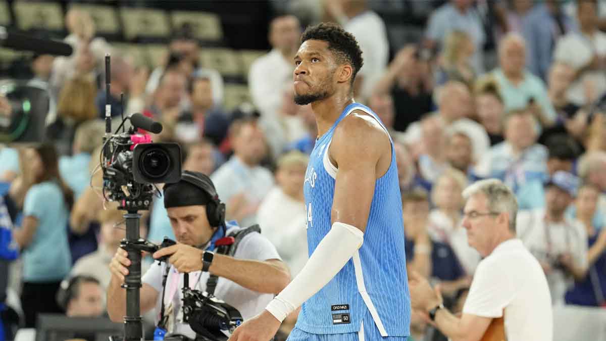 Greece small forward Giannis Antetokounmpo (34) reacts after their loss against Germany during a menís basketball quarterfinal game during the Paris 2024 Olympic Summer Games at Accor Arena.