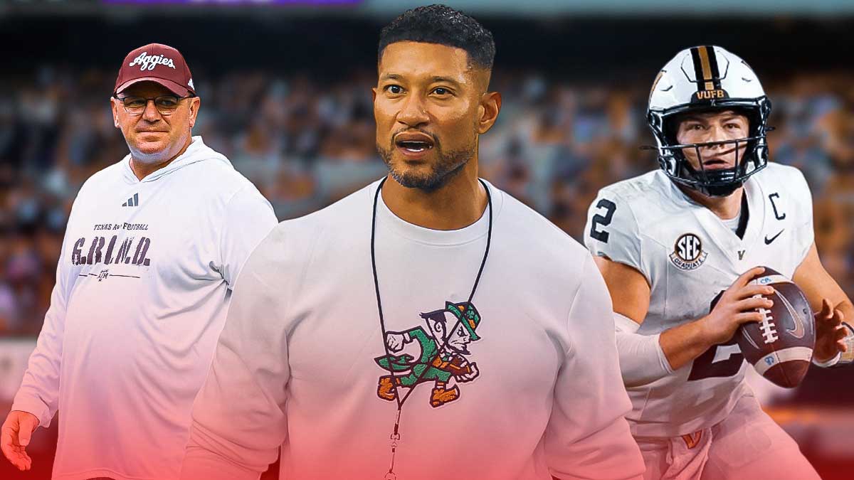College Football Top 25, Top 25, College Football Power Rankings, Week 4 Top 25, College Football Week 4 Top 25 Power Rankings, Marcus Freeman (in Notre Dame gear), Diego Pavia (in Vandy uni) and Mike Elko (in Texas A&M gear) with football background