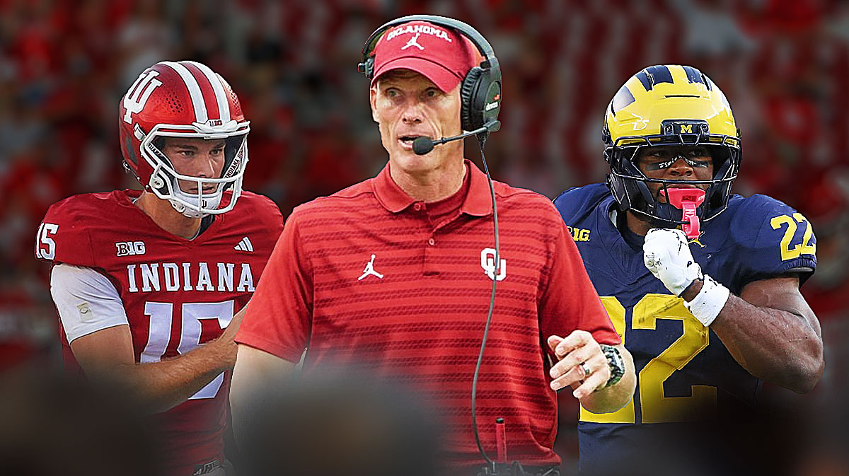 College Football top 25, top 25, College football power rankings, College football week 5 top 25 power rankings, week 5 top 25, Fernando Mendoza (in Indiana uni), Justice Haynes (in Michigan uni) and Brent Venables (in Oklahoma gear), football background