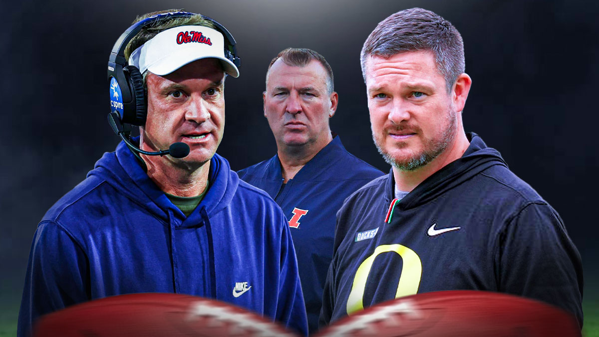 College Football Top 25, College Football Top 25 Week 6 Power Rankings, College Football Power Rankings, Week 6 Top 25, Dan Lanning Oregon gear, Lane Kiffin in Ole Miss gear, Bret Bielema in Illinois gear, football background