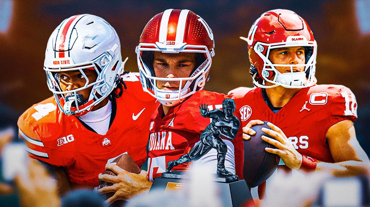 Heisman Trophy, Heisman Trophy Power Rankings, Heisman, Heisman Power Rankings, Heisman odds, John Mateer in Oklahoma uni, Fernando Mendoza in Indiana uni, Jeremiah Smith in Ohio State uni, Heisman trophy front and center, football background